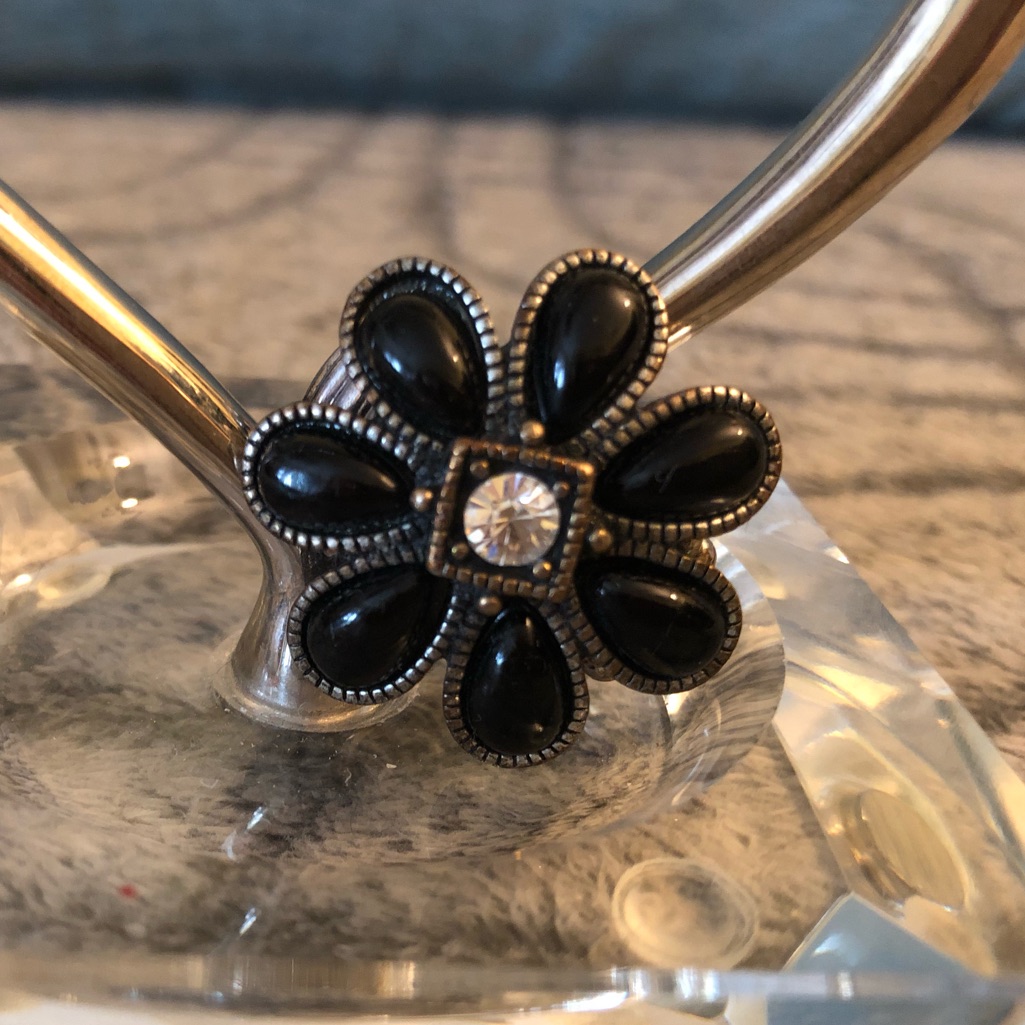 Black Beaded Flower Ring With Comfort Band Black Beaded Flower Ring With Comfort Band